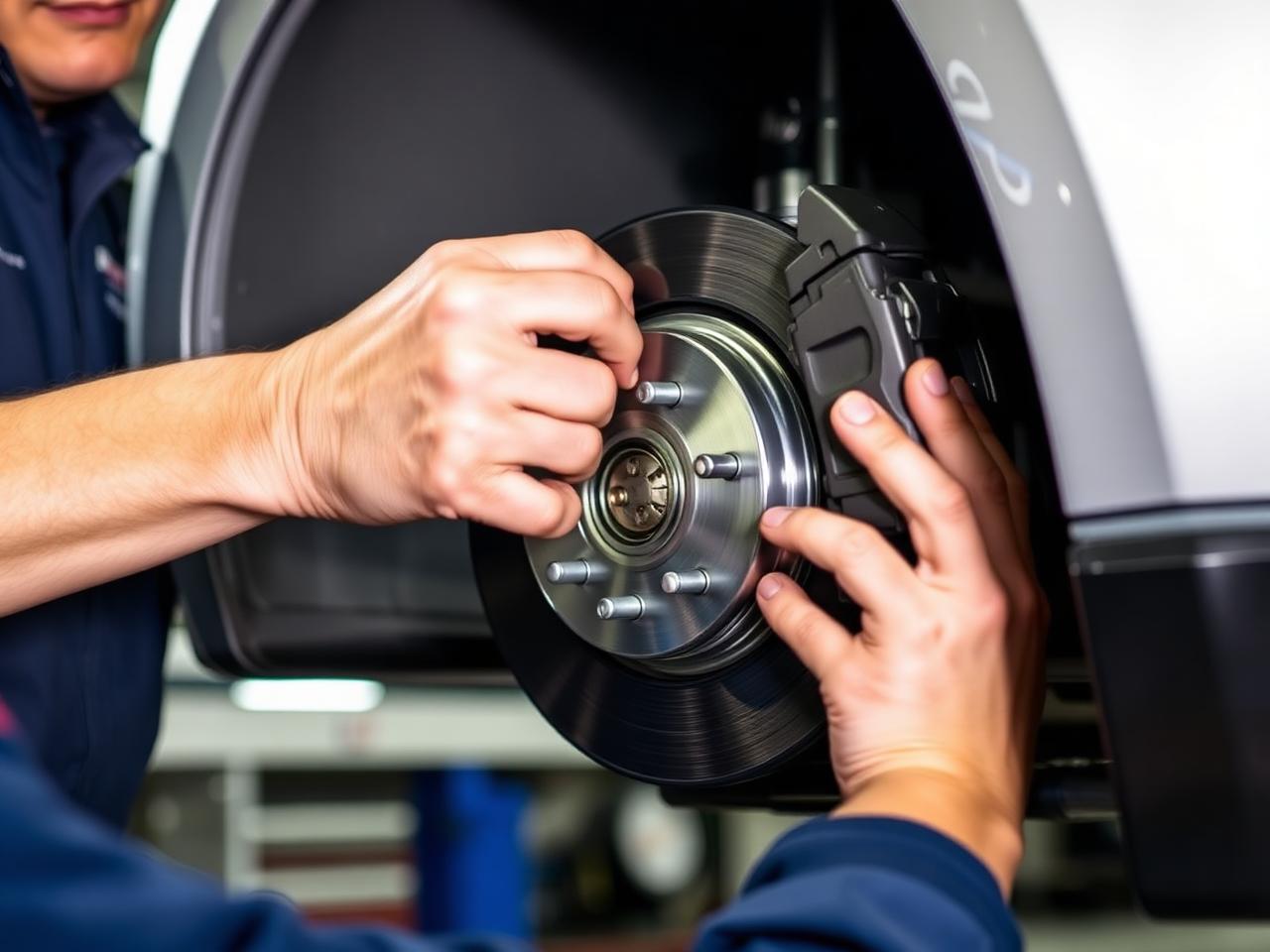 Mechanic installing new brake rotor and caliper