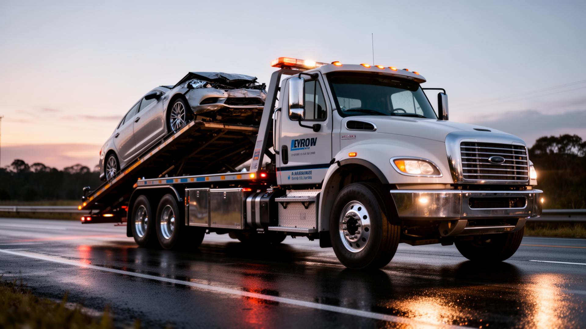 Flatbed tow truck loading a sedan